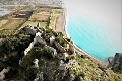 Maratea, Castrocucco district, aerial view of the ruins of the ancient Castle with a view of the south coast (on the border with Calabria)